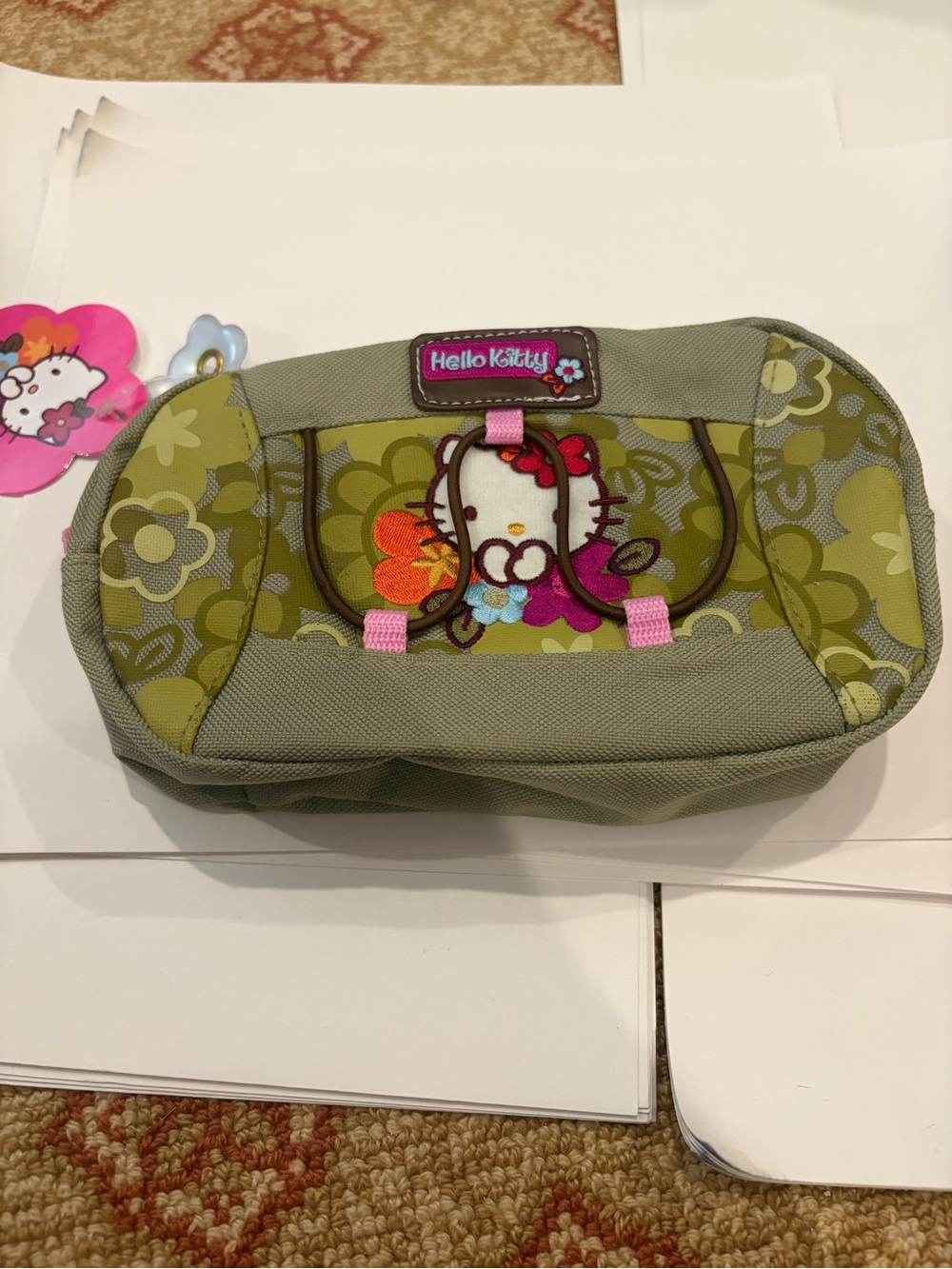 Hello Kitty Olive Green Floral Kids Pencil Case with Pink Accents